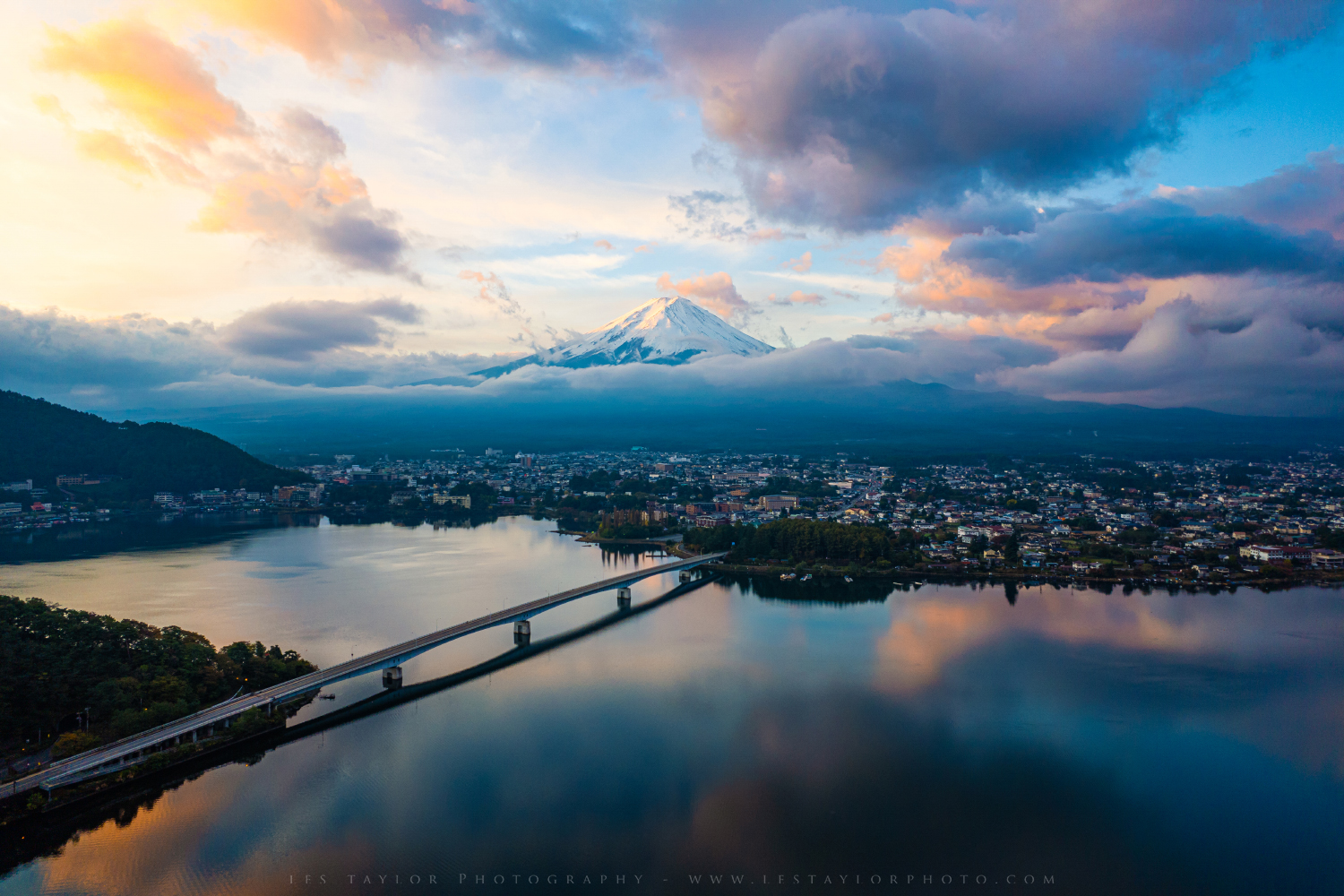 Drone image of Mt Fuji from Lake Kawaguchiko